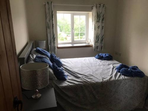a bedroom with a bed with blue sheets and a window at Cosy Cottage in Garnant in Garnant