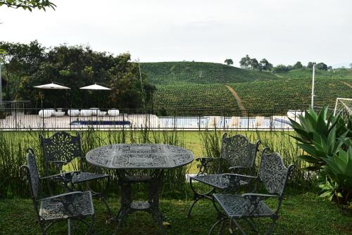 an outdoor table and chairs with a view of a field at Finca Hotel Los Girasoles in Montenegro