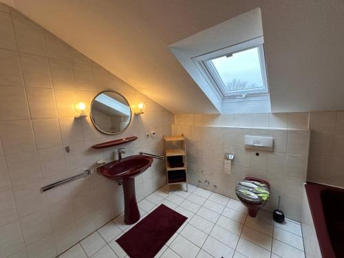 a bathroom with a sink and a mirror and a toilet at Entspannungsoase Haus Iris in Kirchham