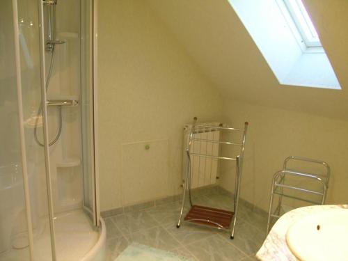 y baño con ducha y lavamanos. en Gîte Saint-Aubin-le-Monial, 4 pièces, 6 personnes - FR-1-489-490, en Saint-Aubin-le-Monial