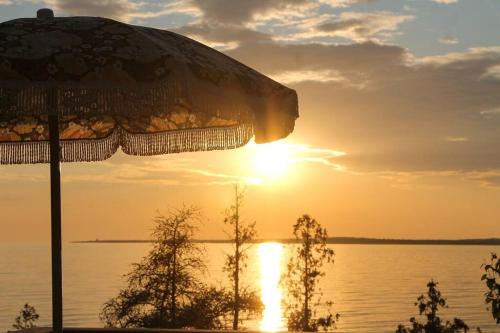 an umbrella sitting next to a body of water at Blue Vista Tobermory Waterfront Cottage in Tobermory
