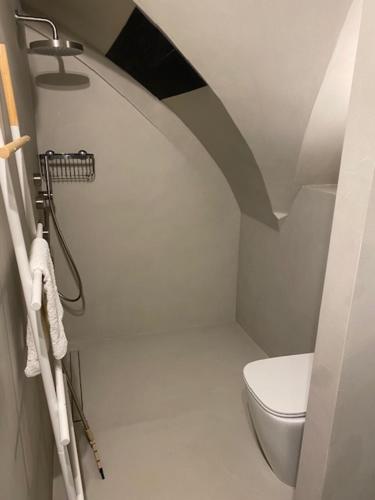 ein weißes Bad mit einem WC und einer Dusche in der Unterkunft Appartamento Pepe in Francavilla Fontana
