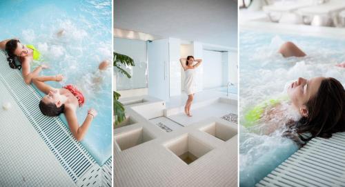 a collage of three pictures of a woman in a swimming pool at Hotel Caravelle Thalasso & Wellness in Diano Marina
