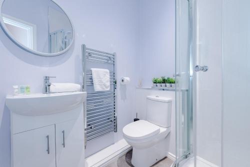 利物浦的住宿－Stylish & cosy apartment near the city centre/free parking，白色的浴室设有卫生间和镜子