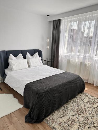 a bedroom with a large bed with a black headboard at Dreambed 2 in Baia Mare