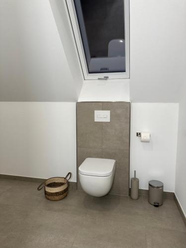 a bathroom with a toilet and a window on the wall at Dümmerland Apartments in Lemförde