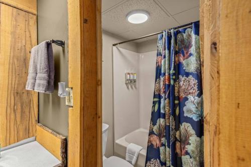 a bathroom with a shower with a blue shower curtain at Stonegate Lodge Fire Pit 50in TV Salt Water Pool Fast Wi-Fi Room #301 in Eureka Springs