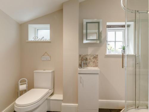 La salle de bains est pourvue de toilettes, d'un lavabo et d'une douche. dans l'établissement 4 Bed in Exmoor 64340, à Challacombe