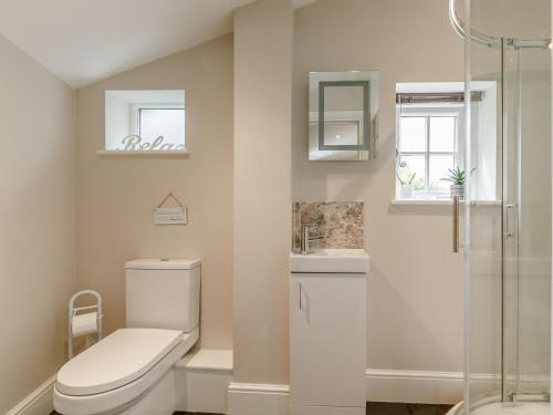 a bathroom with a toilet and a sink and a shower at 4 Bed in Exmoor 64340 in Challacombe