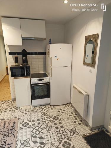 Il comprend une cuisine équipée d'un réfrigérateur blanc. dans l'établissement Appartement avec Terrasse, à Blois
