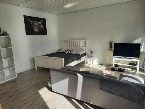 ein Wohnzimmer mit einem Sofa und einem TV in der Unterkunft Ferienwohnung K1 in Hambühren