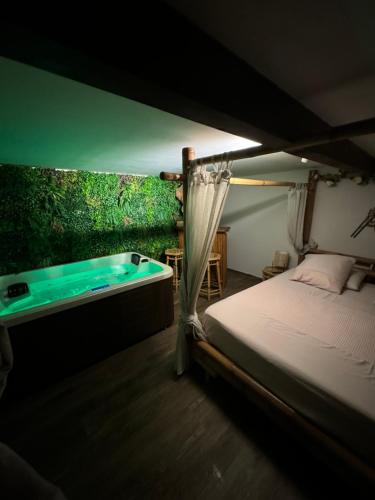 a bedroom with a bed and a tub in a room at leverest rooms in Marseille