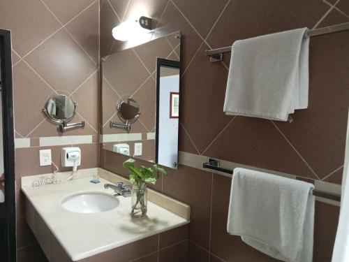 a bathroom with a sink and a mirror and towels at HOTEL VILLA LAS ROSAS TEPIC in Tepic