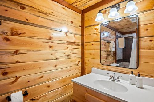 uma casa de banho com um lavatório e um espelho em Hillside Retreat em Sevierville