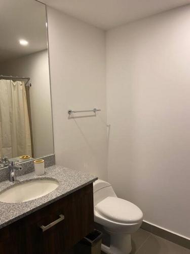 a bathroom with a toilet and a sink and a mirror at Nuevo Vallarta Lovely 2 bedroom condo pool front in Nuevo Vallarta