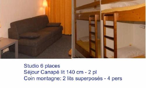 - deux images d'une chambre avec un canapé et un lit superposé dans l'établissement Résidence SARRIERE - Studio pour 6 Personnes MAE-8944, à Gourette