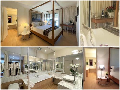 a collage of three pictures of a hotel room at LE FORTUNY - 3 Suites, 2 apparts, 1 chambre - proche TRAM ligne aéroport et parking gratuit in Mérignac
