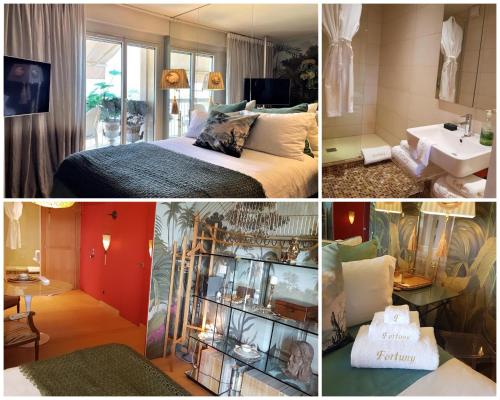 un collage de cuatro fotos de un dormitorio en LE FORTUNY - 3 Suites, 2 apparts, 1 chambre - proche TRAM ligne aéroport et parking gratuit, en Mérignac