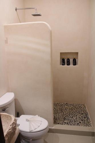 a bathroom with a toilet and a shower at Casa Las Palmas Holbox in Holbox Island