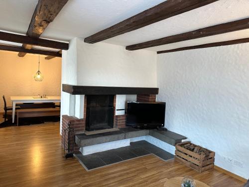 ein Wohnzimmer mit einem Kamin und einem TV in der Unterkunft charmante 3,5 Zimmer Wohnung in Bauernhaus in Volketswil