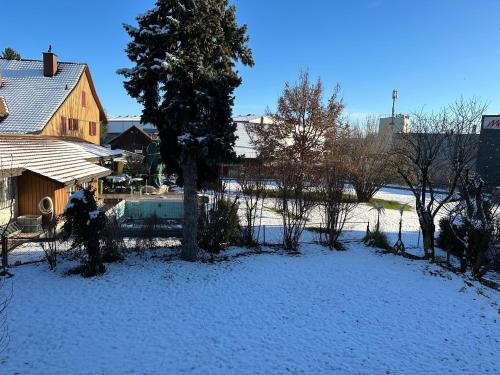a snow covered yard with a house and a tree at charmante 3,5 Zimmer Wohnung in Bauernhaus in Volketswil