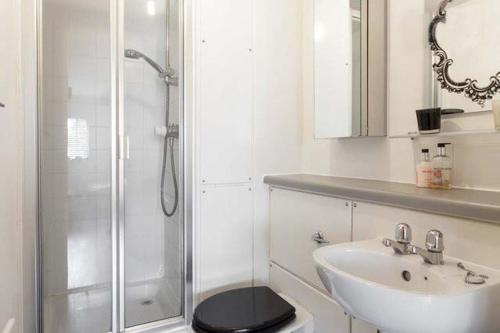 a bathroom with a shower and a sink and a toilet at Double Bedroom with ensuite Regents Canal in London