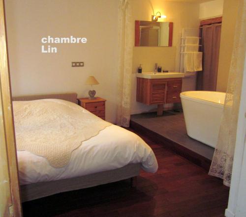 アヌシーにあるLes Filateries Chambre Linのベッドルーム1室(ベッド1台、バスタブ、シンク付)