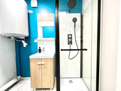 Saint-Georges-lès-BaillargeauxにあるLe petit Penon ~ T1 Bis avec parking /clim /Fibreのシャワーと洗面台付きのバスルーム