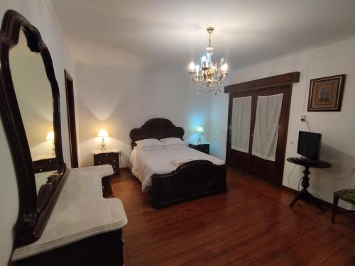 ヴォウゼーラにあるCasa da Piedade, Vouzelaのベッドルーム1室(ベッド1台、鏡、シャンデリア付)