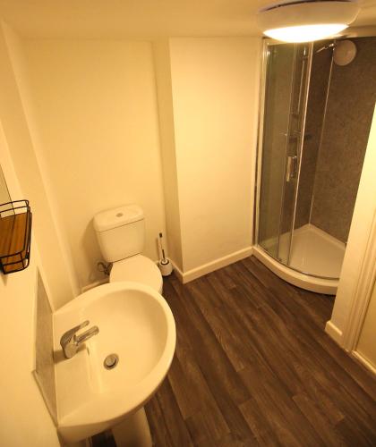 a bathroom with a shower and a toilet and a sink at Convenience & Comfort - 1Bed Apt in Heywood in Heywood