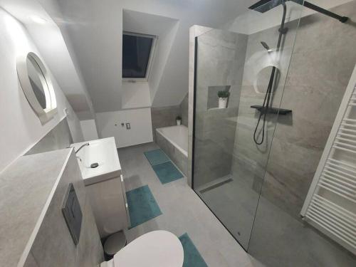 uma casa de banho com um chuveiro, um WC e um lavatório. em Nový podkrovný byt v rodinnom dome (5 osôb) em Nové Mesto nad Váhom