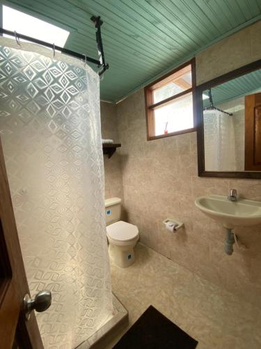 a bathroom with a shower and a toilet and a sink at Hospedaje casa Chisakui- Acogedora Casa en Villa de Leyva in Villa de Leyva