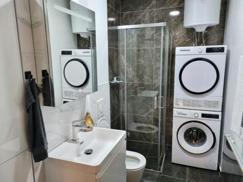 a bathroom with a sink and a washing machine at Apartment Urban Nest in Zenica