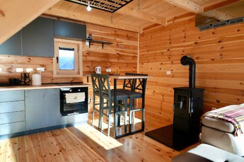 een keuken met houten wanden en een fornuis in een kamer bij Cottage Kolašin in Kolašin
