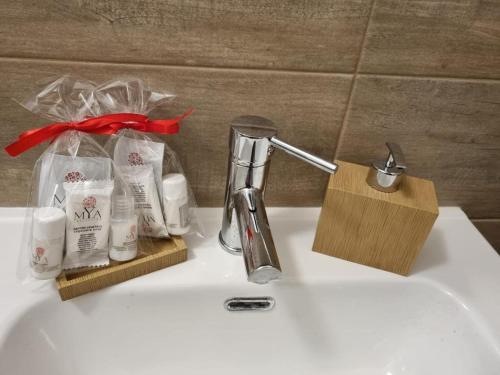 un lavandino con una bottiglia di sapone e uno spazzolino da denti di San Paolo Casa Bella a Roma