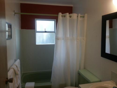 a bathroom with a shower curtain and a window at Edgewater Motel in Oyster Bay