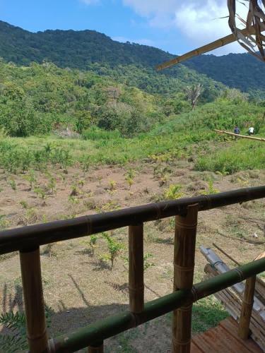 a view of a field from a wooden railing at Freeland Eco Hostel in Santa Marta