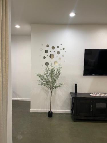 een kamer met een muur met een plant en een tv bij Beautiful 2-Bedroom Apartment in the Heart of Little Italy in San Diego