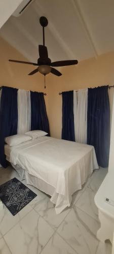 a bedroom with a bed with a ceiling fan at The Den & Deck in Anse La Raye