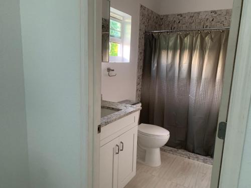 uma casa de banho branca com um WC e um chuveiro em Jackie's Guesthouse where memories are made 