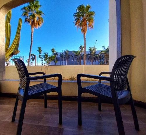two chairs sitting on a balcony with palm trees at Santa Maria del Cabo in San José del Cabo