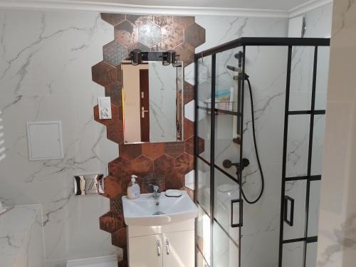 W łazience znajduje się umywalka i lustro. w obiekcie Apartament Alias w Ustroniu