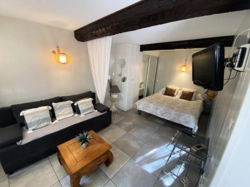 a living room with a couch and a bed at Résidence 665-bandol - Magnifique Rez de villa T1 bis à Bandol MAE-0974 in Bandol