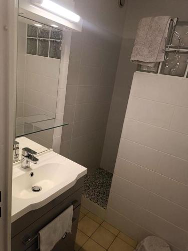 une salle de bain avec un lavabo et une douche avec un miroir dans l'établissement Résidence Grand Large - Charmant T3 proche plage dans un beau domaine avec piscine MAE-1214, à Six-Fours-les-Plages