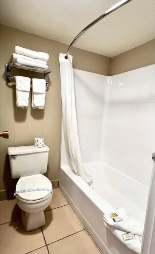 a bathroom with a toilet and a bathtub with a shower curtain at Travelodge by Wyndham Reno in Reno