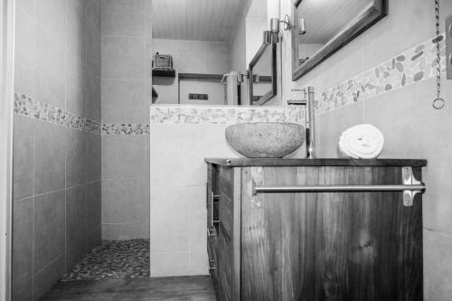 a bathroom with a sink and a mirror at Résidence Ty Gouermel-plougrescant - Maisons & Villas pour 5 Personnes 854 in Lannion