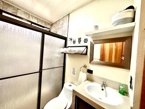 a small bathroom with a toilet and a sink at Oasis Arenal Villa Pool & Arenal Volcano View in Fortuna