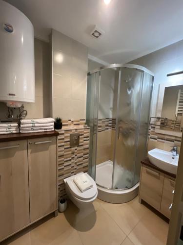 uma casa de banho com um chuveiro, um WC e um lavatório. em Vila Zvončica Apartman Z12 em Kopaonik