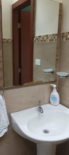 a bathroom with a white sink and a mirror at SUITE CONFORTABLE CAROLINA in Quito