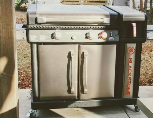 a stove top oven sitting on top of a cart at BikeslParkPasslPizzaOvenlSnoConelYouTubeTVlEV in Greenville